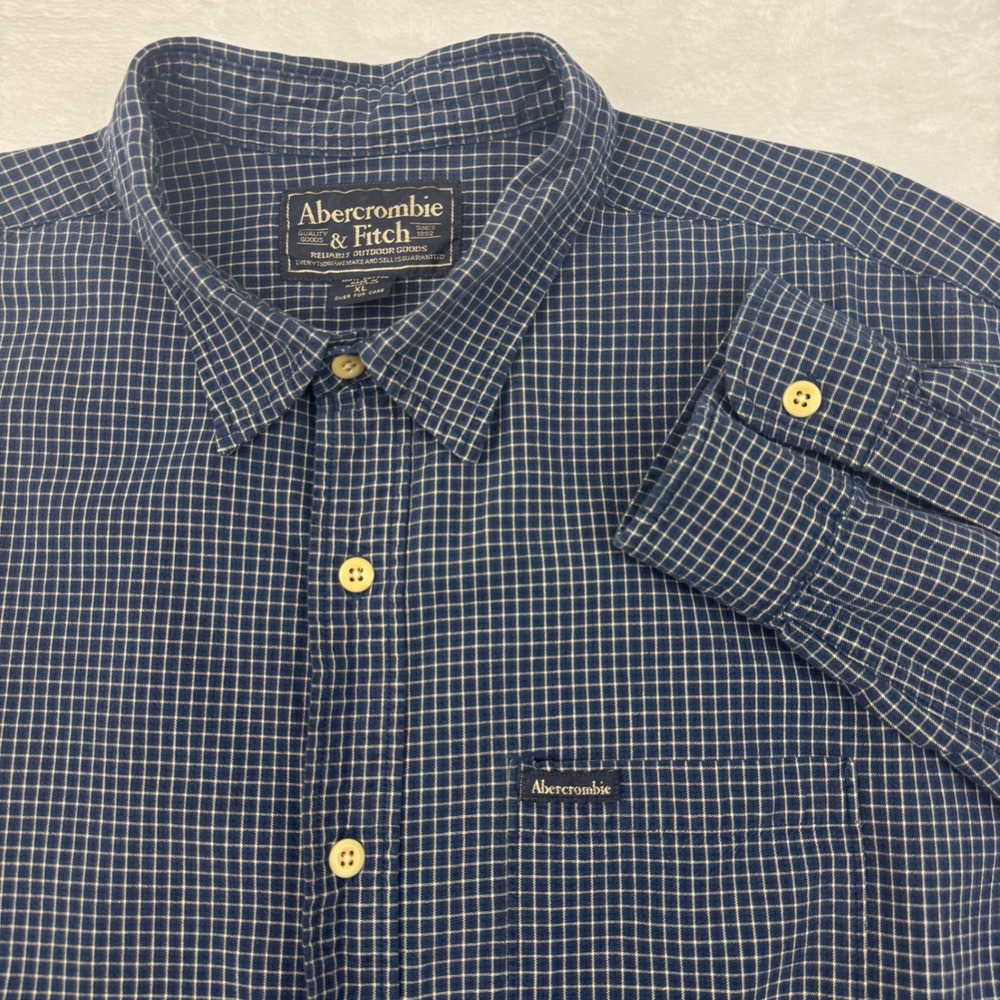 Abercrombie & Fitch Mens XL Navy Blue Grid Plaid Cotton Button Down Shirt Pocket